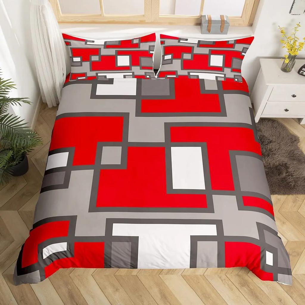 Geometric Squares Duvet Cover Set Red Beige Circle Bedding SetModern Simple Style Comforter CoverAbstract Art Quilt Cover King