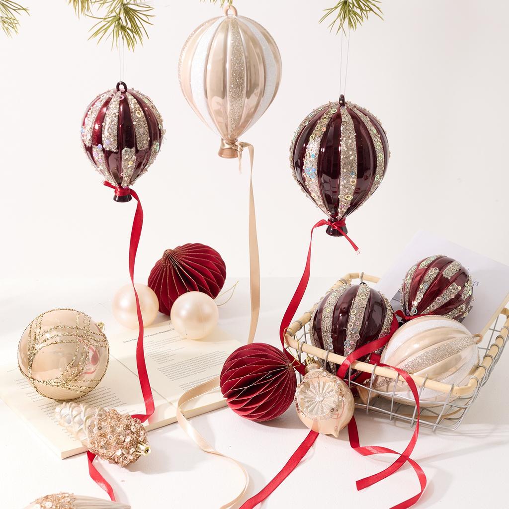 1 Set Wine Red Hot Air Balloon Christmas Tree Ornaments Hanging Christmas Gadget Decorations for New Year 2025 Home Decor Winter