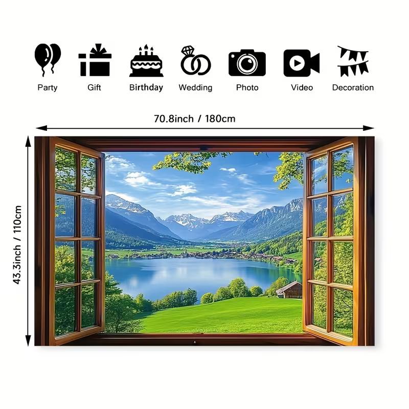 2D Open Wooden Window Frame Alps Snow Mountain Lake Green Meadow Backdrop European Wall Tapestry