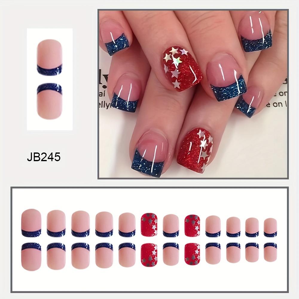 

24 шт. коротких квадратных накладных ногтей, красные с блестящими звездами, съемный набор накладных ногтей, сверкающий праздничный маникюр, легко надеваемые подарки JB245