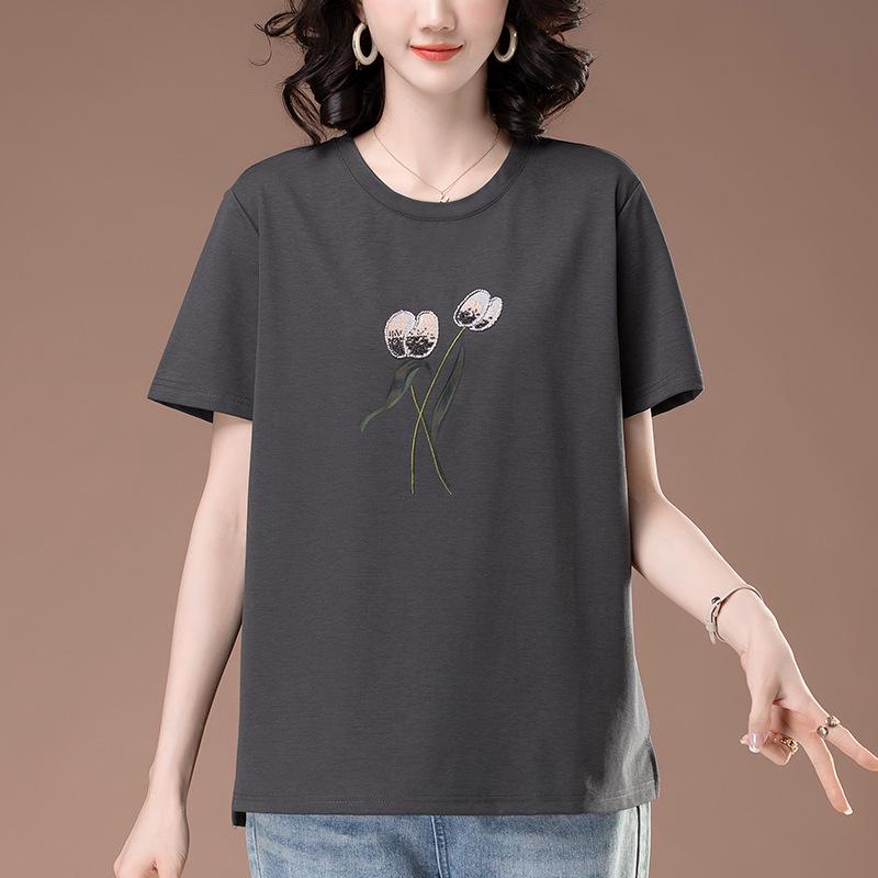 Summer Women's Plus Size Casual Round Neck T-Shirt - Fashionable Short-Sleeve for Middle-Aged Mothers