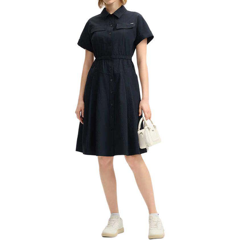 Fila White Simple Casual Daily Comfortable Waist-Defined Button Solid Color Versatile Short Sleeve Dress Women Dresses Legendary-Blue F11W523301FNV
