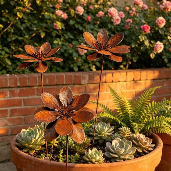 Yousheng Rustic Flower Ground Stake, Vintage Metal Garden Art, Weather-Resistant Rusted Iron Yard Decor for Lawn Pathway Patio and Planters