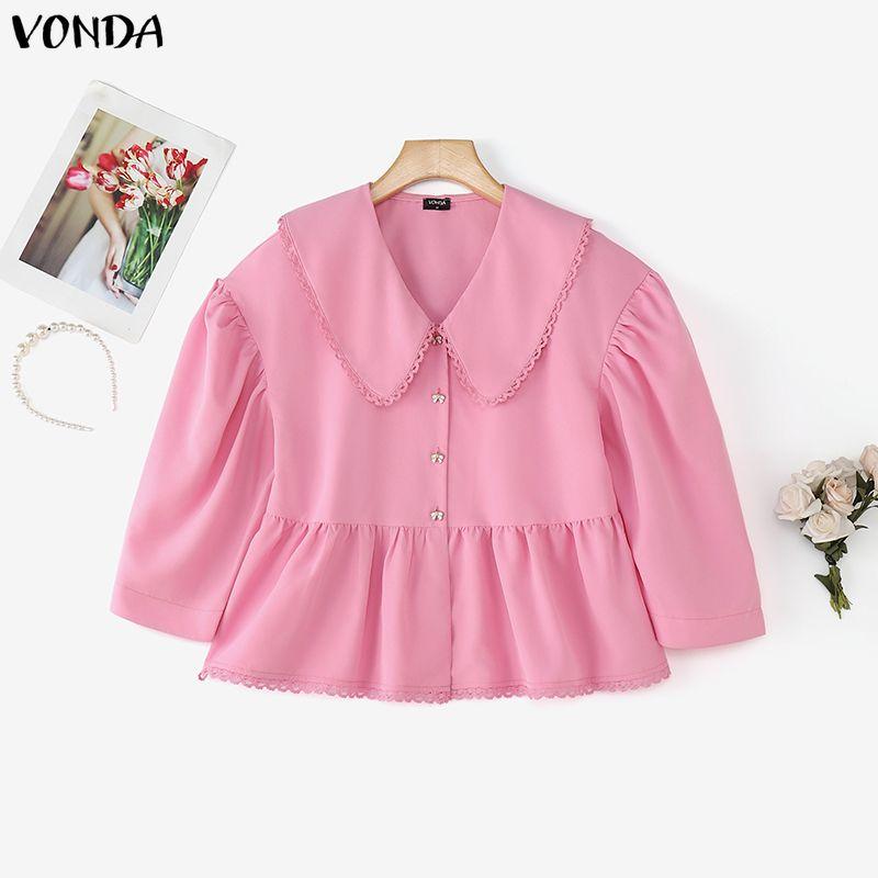 

VONDA Women Doll Collar Loose Casual Long Sleeve Lace Hem Blouse L