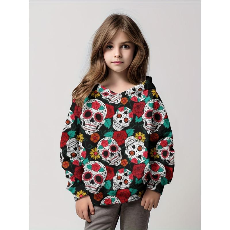 Felpe Splendido Teschio Stampa 3D Ragazze Felpa Pullover Vestibilità Comoda Festa di Halloween Manica Lunga Vestiti per Bambini Top per Bambina