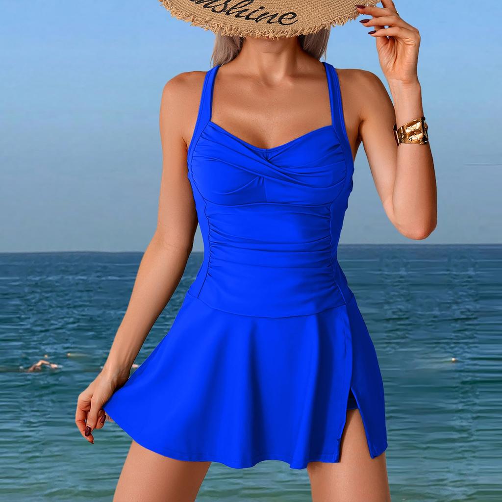 Women Sexy Swim Skirt Set Beach Tankini Pleated Two Piece Swimsuit Set Solid Color Beach Bottoms Shorts Sets Bathing Suits
