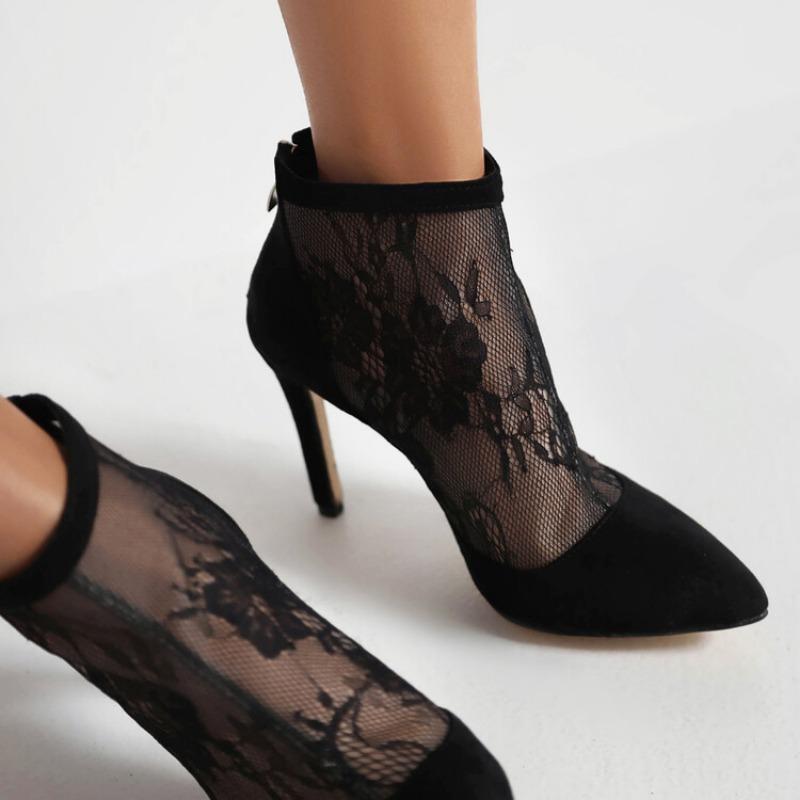 Sexy stilettstøvler kvinner Blomster blonder Mesh Nett naken ankelstøvletter Tynne høyhælte pek-tå sko stor størrelse 48