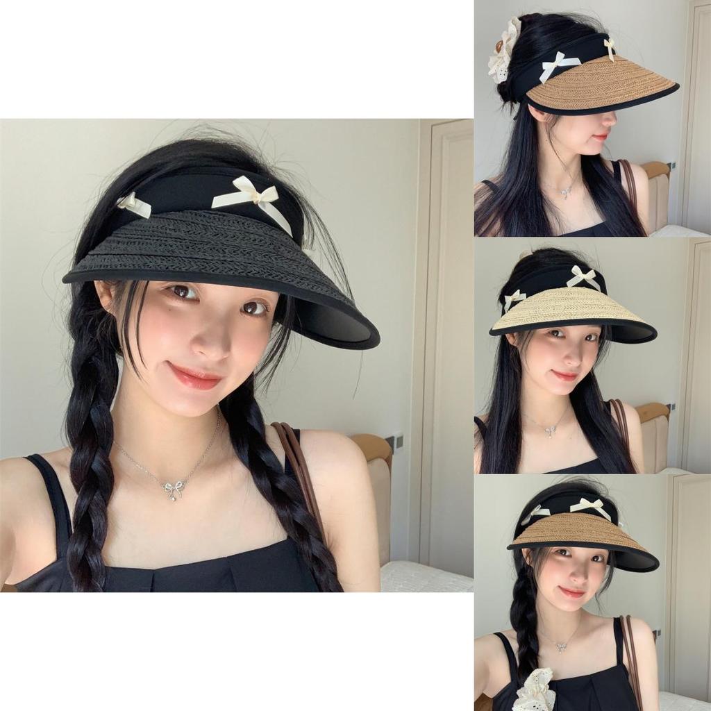 Summer Black Straw Wide Brim Hat For Women With Bow Adjustable For Outdoor Use