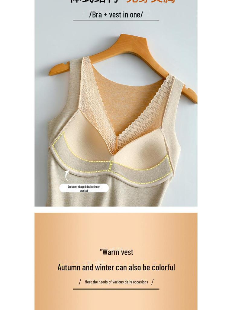 Elegant Velvet Lace V-Neck Women's Warm Vest with Fixed Cups and Silk Cashmere Base