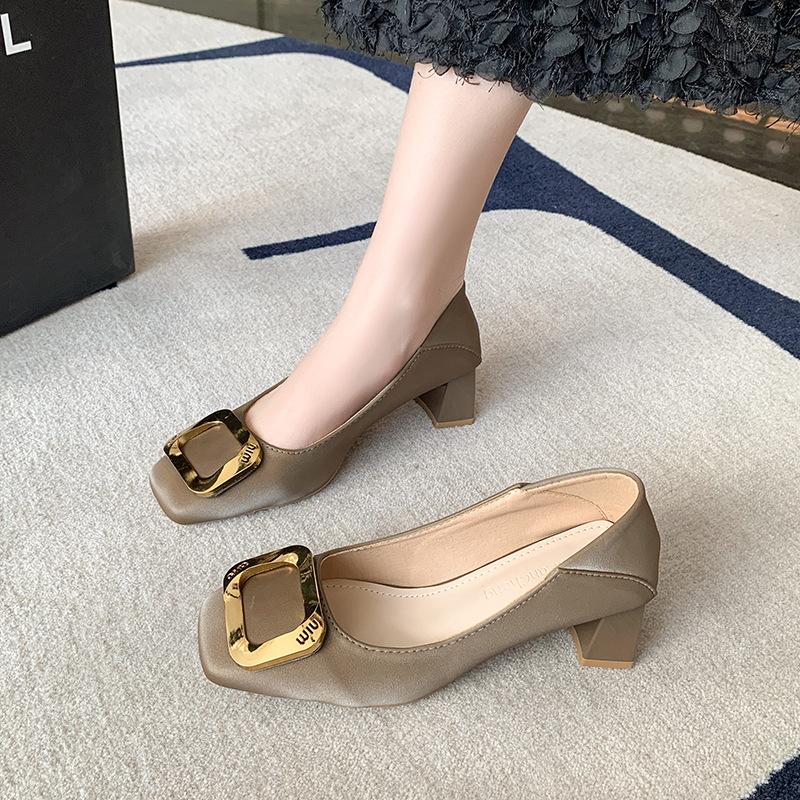 Square Head High Heels Women's Thick Heels Are Not Tired of Feet, Spring and Autumn New Shallow Mouth Single Shoes Women's Fashionable and Comfortable