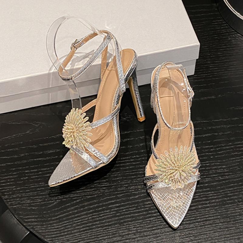 Sexy Snake Print Leather Ankle Strap Sandals Women Summer Fashion Crystal Flower Pointed Toe Party Dress Shoes High Heels