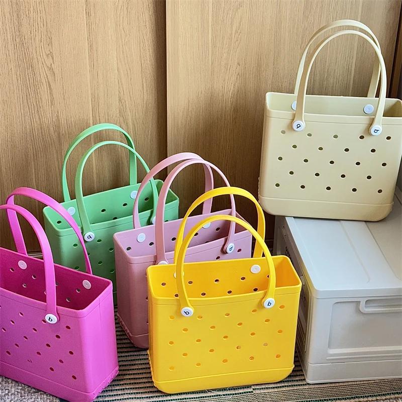 Durable Waterproof Beach Bag Storage Baskets Summer Rubber Tote Solid Color Jelly Beach Bags Sundries Organizer