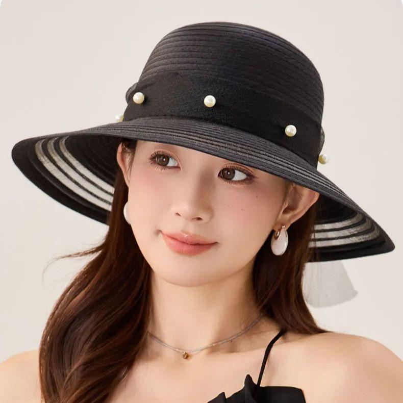 Tulle Sun Hat Pearl-Embellished Women’s Beach Holiday Sun Hat – Soft and Breathable