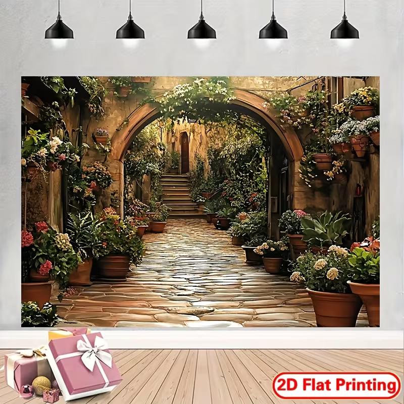 2D Mediterranean Flower Alley Backdrop Rustic Stone Path Photo Booth Background