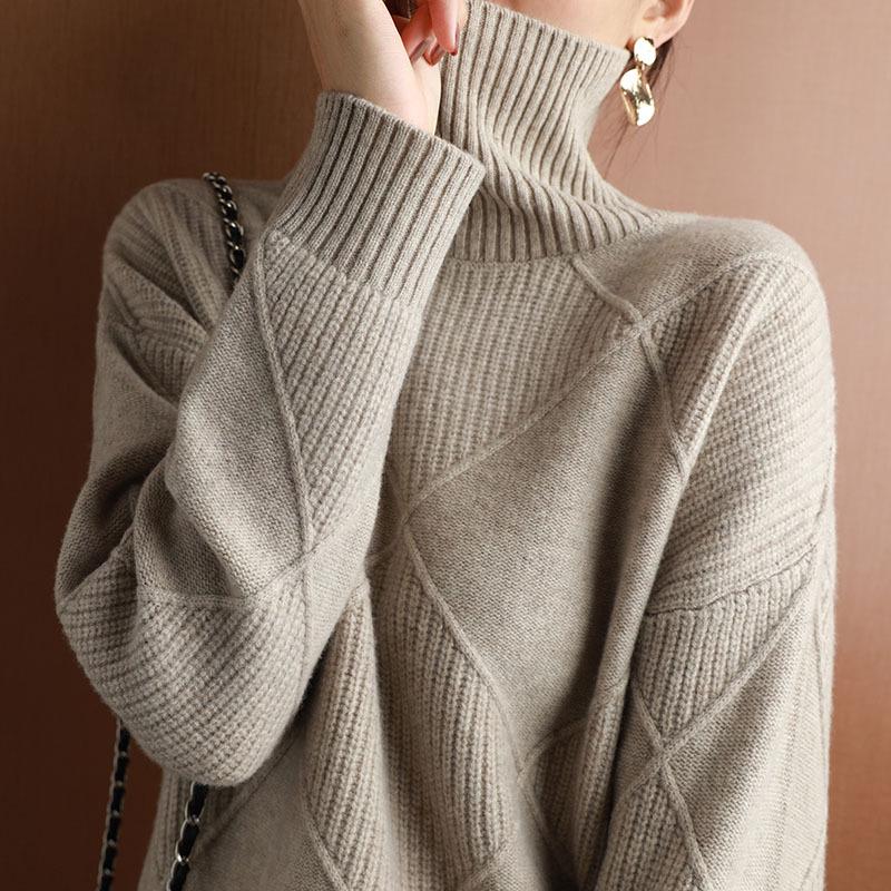 Women's Diamond Pattern High Neck Sweater - Loose Fit, Autumn/Winter Knitwear, Long Sleeve Outerwear, Korean Fashion Style.