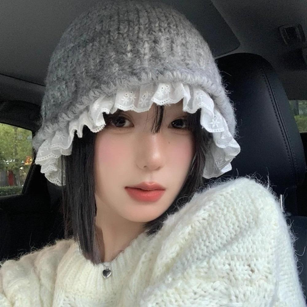 Lace Trim Women Bucket Hat Solid Color Beanie Hat Retro Knitted Fisherman Hat  Women