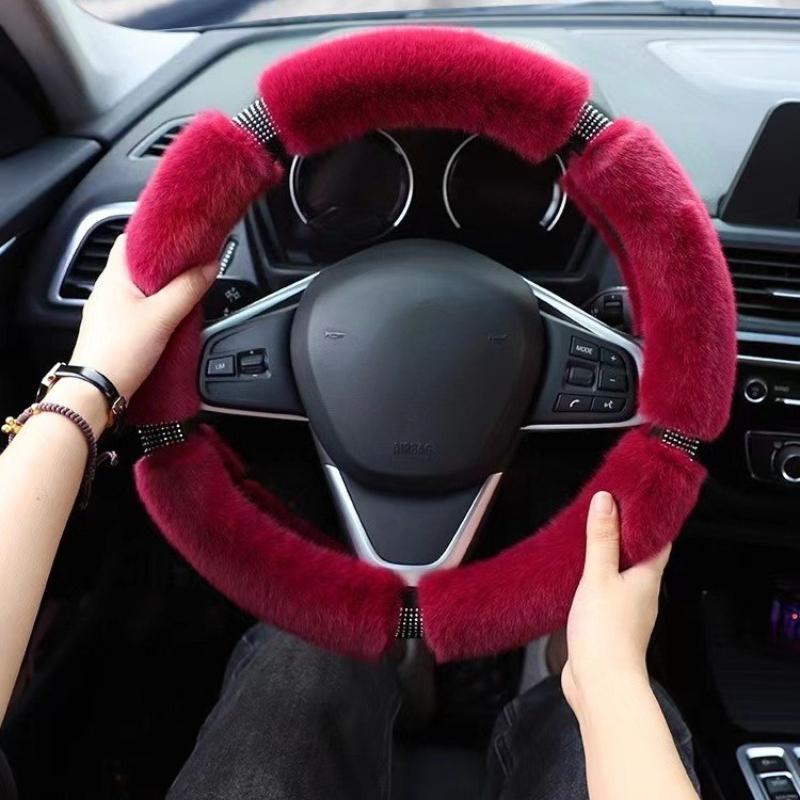 38cm Imitation Mink Fur Car Steering Wheel Cover Warm Plush with Rhinestones Elastic Handle Warmth Luxury Steering Covers