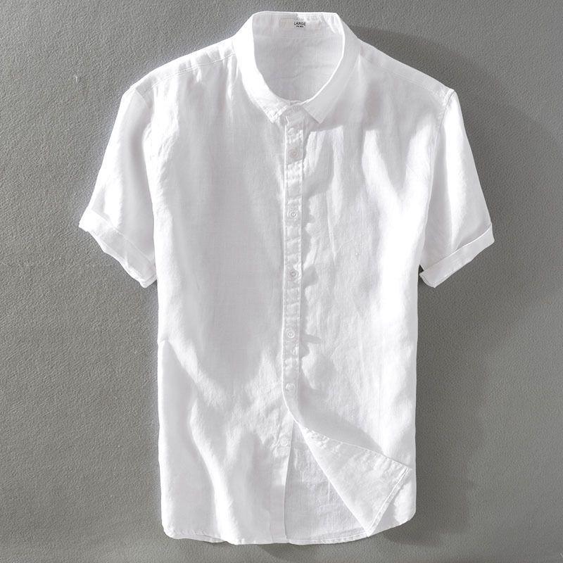 Men's Sky Blue Slim Fit Linen-Cotton Short-Sleeve Shirt