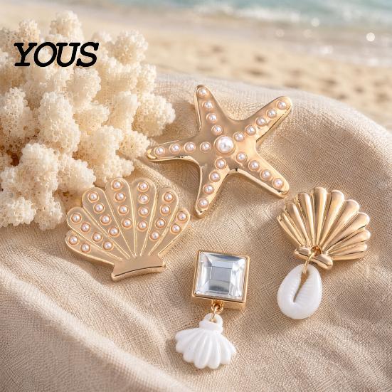 Faux Perlen Schuhanhänger 6 Stück/Set Sommer Strand Anhänger, Goldfarbene Muschel Seestern Strass Meeresmotiv Dekorationen für Clogs Damen Mädchen