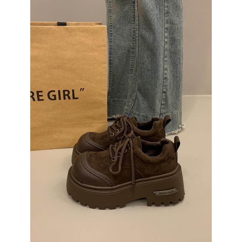 Height-increasing Platform Single Shoes Women's Autumn and Winter Velvet 2 New Big Head Lace-up British Small Leather Shoes