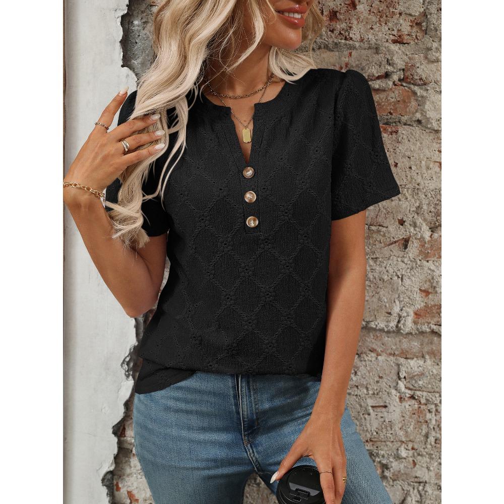 Ny sommer topp med rund hals og korte ermer med blomsterjacquard og knapper for kvinner