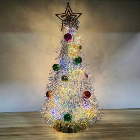 Metallic Tinsel Christmas Tree Light-up Foil Fringe Christmas Tree with Ball Ornaments for Holiday Home Office Tabletop Decoration