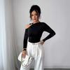 Ladies Spring Autumn Long Sleeve Skew Collar Hollow Bodycon Pullover Casual T Shirt Top