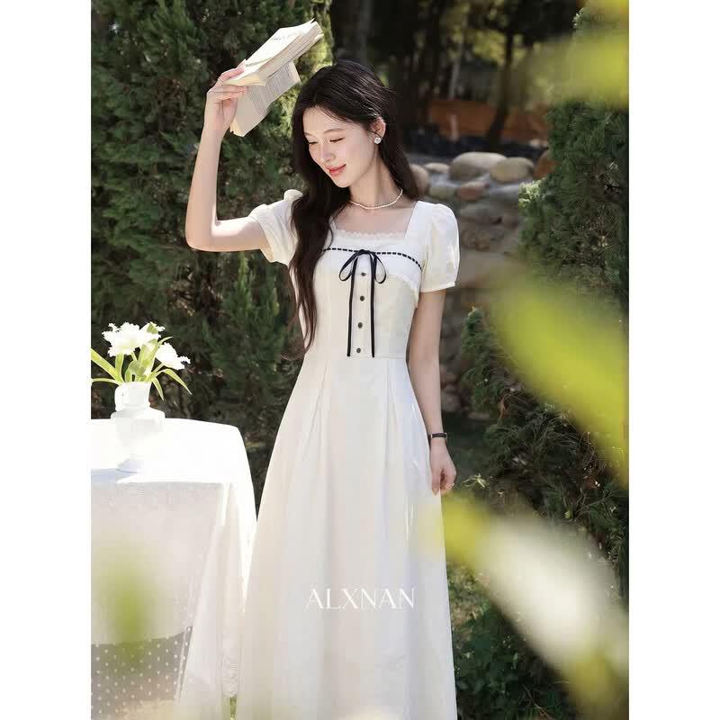 Women s French Style Off-White Puff Sleeve A-Line Midi Dress S