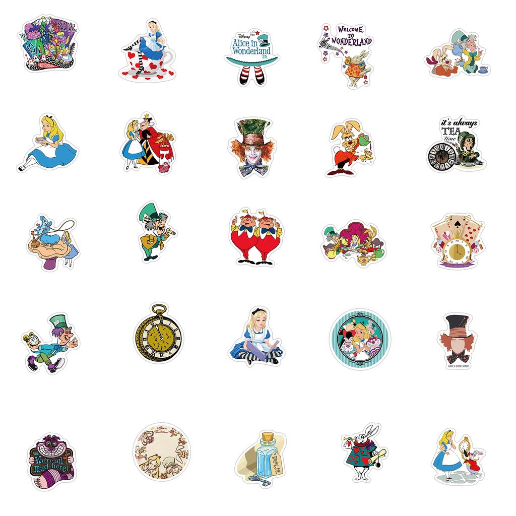 50pcs Disney Movie Alice in Wonderland Stickers Cute Cartoon Graffiti Sticker Decals for Kids Toy Water Bottle Phone Case