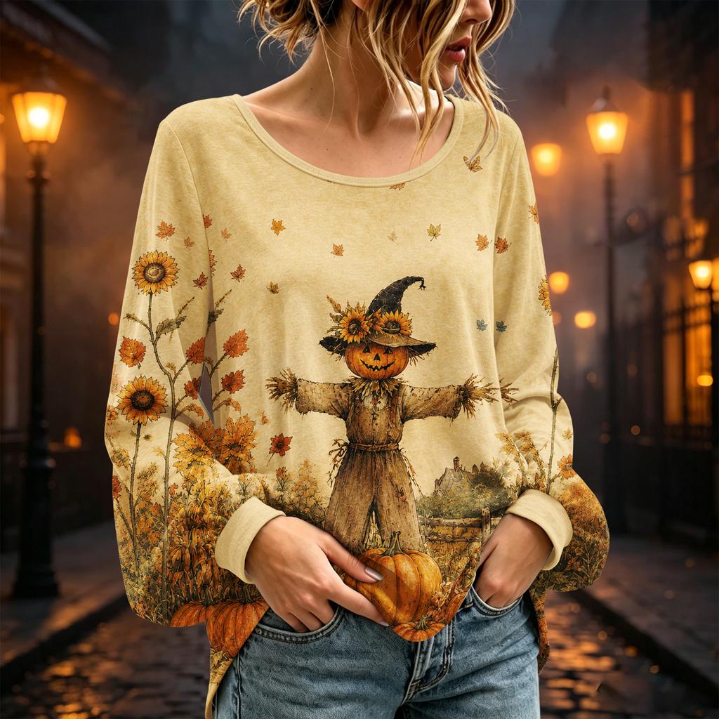 Women's Round Neck Long Sleeve Halloween Print Blouse Top for Party Wear
