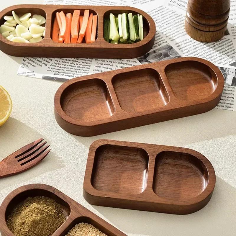 Solid Wood Rectangle Tray 2/3 Grid Condiment Plate Breakfast Sushi Bread Dessert Sauce Plate Kitchen Dinner Seasoning Dish