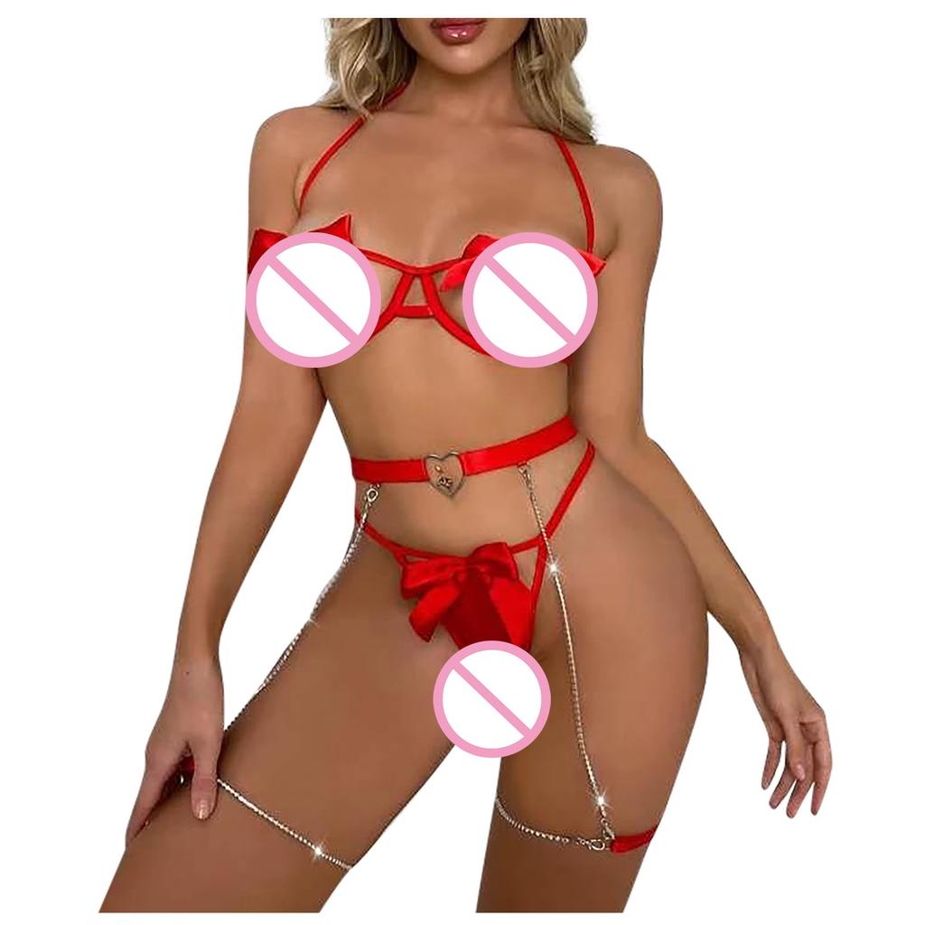 Women's Sexy Lingerie Strap Bow Chain Splicing Backless Three Piece Set