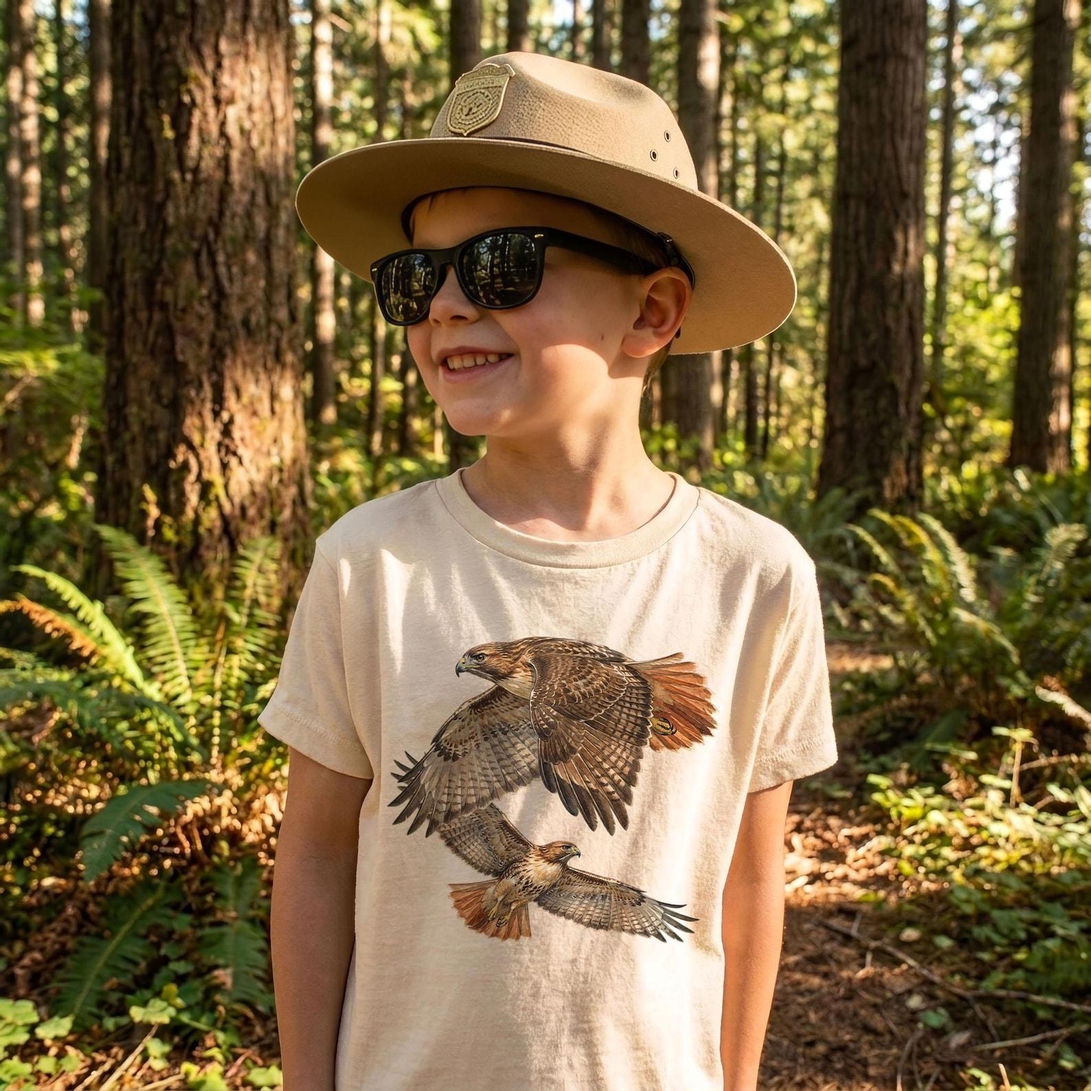 Red-tailed Hawk Flying Male & Female Field Guide Birds Of Prey Unisex Kids Cotton Tee 110