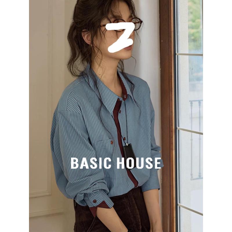 Basic House Women s Striped Polo Collar Long Sleeve Shirt XL