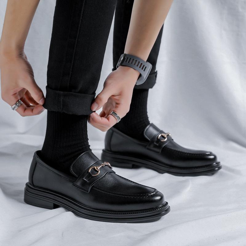 Retro British Round Head With Suit, Black Bright Leather Small Leather Shoes, Lazy Pedal One Piece 85136-R