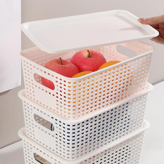 Aufbewahrungsbox mit Deckel, Imitations-Rattan-Geflecht, Schreibtisch-Organizer, Mehrzweck-Aufbewahrungskorb für Fernbedienungen, Kosmetikartikel und Snacks