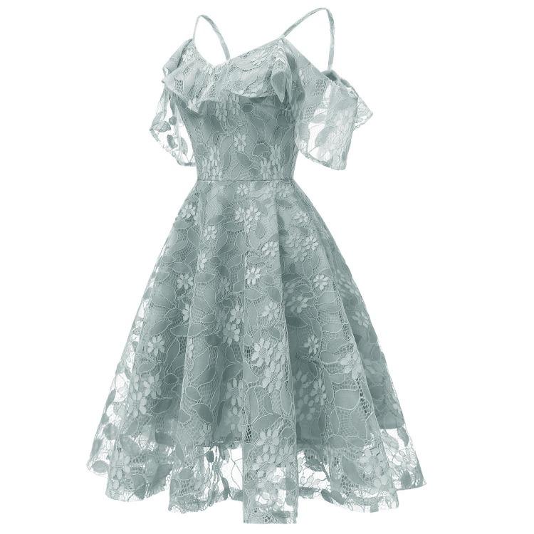 Bright Deer Women Cold Shoulder Bridesmaid Dress Floral Crochet Lace Ruffle Cami Strap Midi Dress for Wedding Evening Formal Party Cocktail Occasions