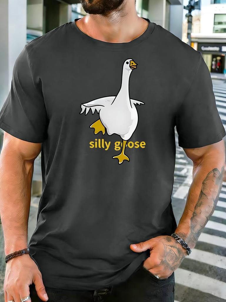 Cartoon Standing Goose Silhouette Slogan Print Unisexs Breathable Cotton Round Neck Short Sleeve Humor Casual Daily Street Top