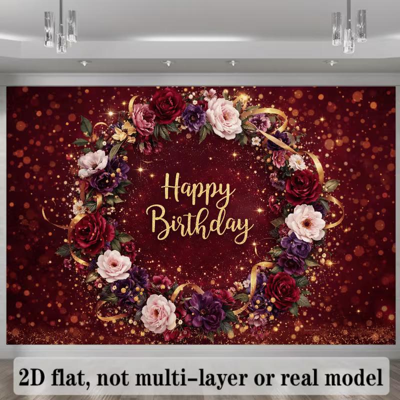 

2D Burgundy Floral Happy Birthday Backdrop for Women/Girl Party Decor 47.2x31.5inch/120*80cm