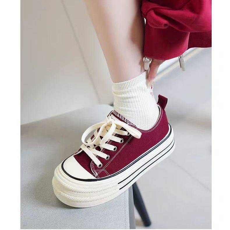 Burgundy canvas shoes women's 2025 autumn new platform student niche shoes children's casual versatile board shoes