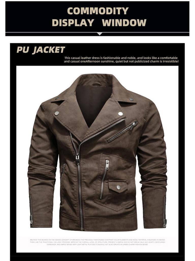 Modna Męska Skórzana Kurtka Motocyklowa w Dużym Rozmiarze z Wieloma Zamkami i Dużym Klapą