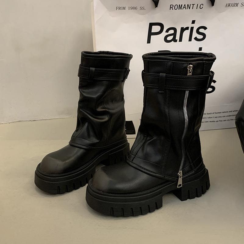 Winter Women Biker Boots Fashion Belt Buckle Ladies Elegant Platform Flats Short Booties Casual Women's Knight Booties New