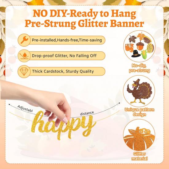 Happy Friendsgiving Banner Thanksgiving Party Decorations Glitter Friends Giving Garland Plastic Pre Strung Streamers Turkey Pumpkin Fall Leaves Sign