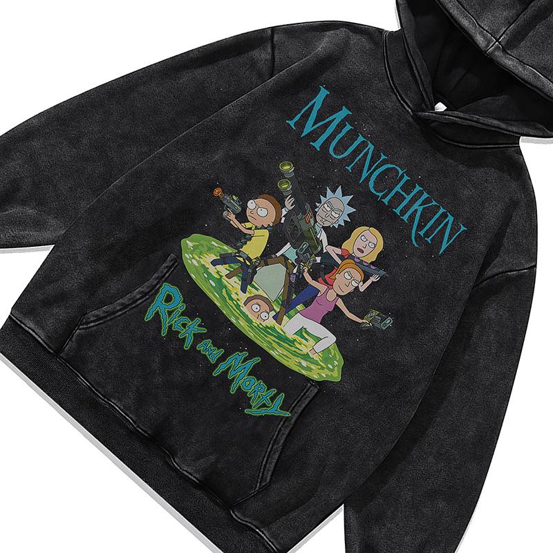American Retro Cartoon Print Hooded Sweater Hip Hop Oversize Washed Old Hoodie Men And Women