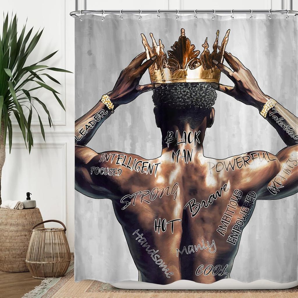 Black Men'S Shower Curtain African American King Portrait With Inspirational Quotes, Waterproof Fabric Bathroom Set With