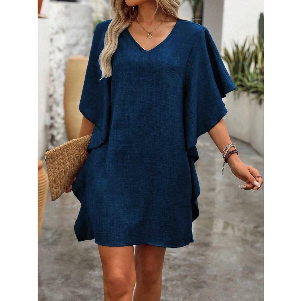 BITCED Fashion Summer Spring Solid Color Print Short Sleeve V-Neck Casual Dresses