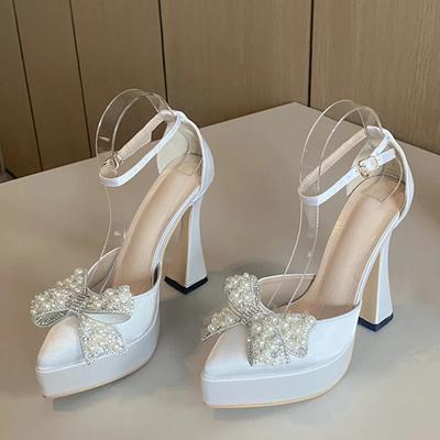 Fashion Ins Style Pearl Butterfly-Knot Women High Heels Sandals Sexy Thick Bottom Pointed Toe Platform Pumps Wedding Banquet Shoes