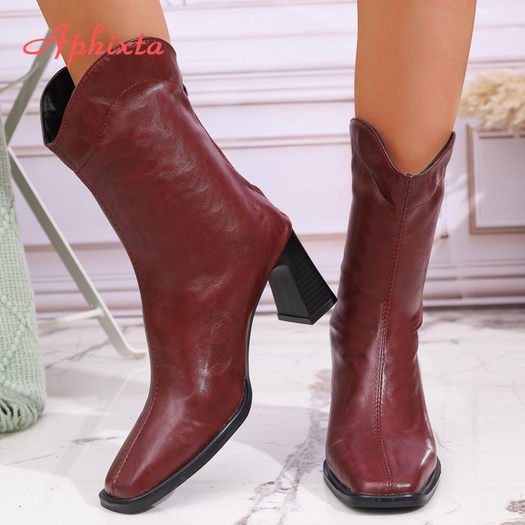 Fashion Aphixta Western Ankle Boots for Women Square Heel Zip Closure Wine Red Big Size 43 Modern Woman Boots Concise Fashion Shoes