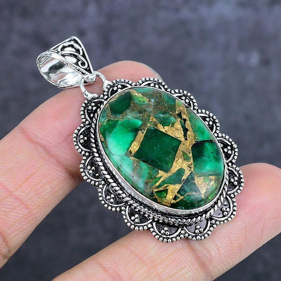 Natural Copper Emerald Gemstone 925 Sterling Silver Jewelry Pendant 2.17" ETC-14006