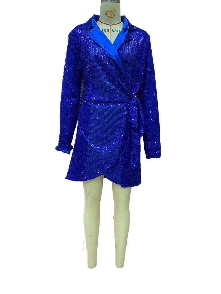 Rochie de damă 2025 cu paiete, cu talie legată și guler șal